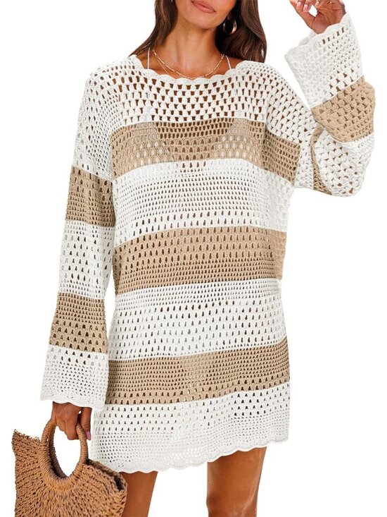 Other - Women's Khaki White Swimsuit Cover Up Beach Crochet Bathing Suit Mini Dress